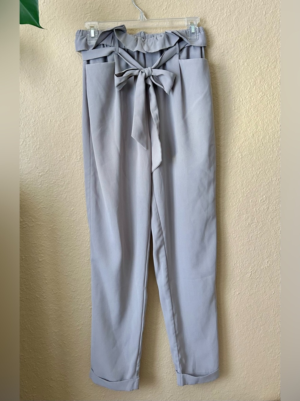 eesome Light Gray Paperbag Trousers with Tie Belt